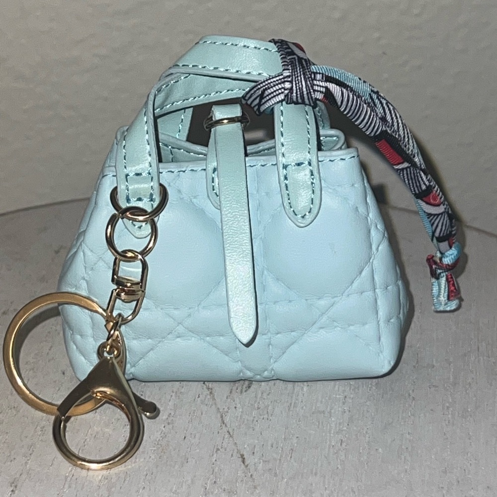 Quilted Mini Bag Keychain in Pale Blue with‎ Gold Hardware Bagcharm